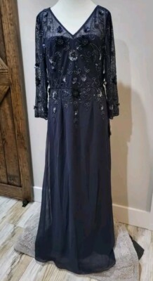 *Marina Women's 10 Blue Embellished Beaded Sequin Maxi Evening Dress New Tags 