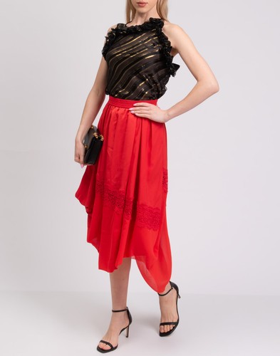 RRP€381 HIGH Midi Skirt IT40 US4 UK8 S Red Lace Trim Pleated Draped Asymmetric - Picture 3 of 7
