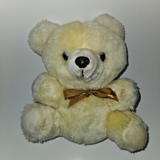 VTG Yellow-Ish Teddy Bear Plush Brown Bow 9" Stuffed Animal Toy Cuddle Wit