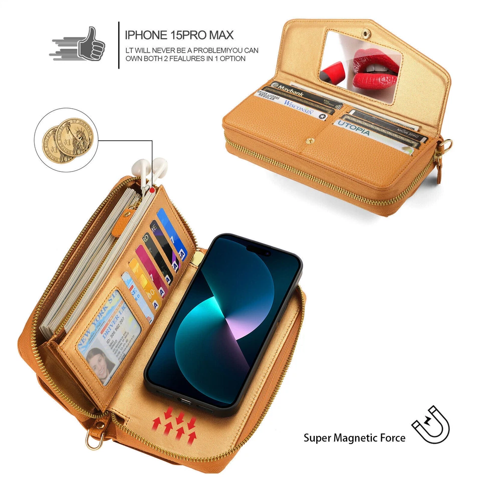 Leather Strap Handbag Wallet Phone Case For iPhone 11 12 13 14 15 Pro Max XR XS - Image 2 of 4