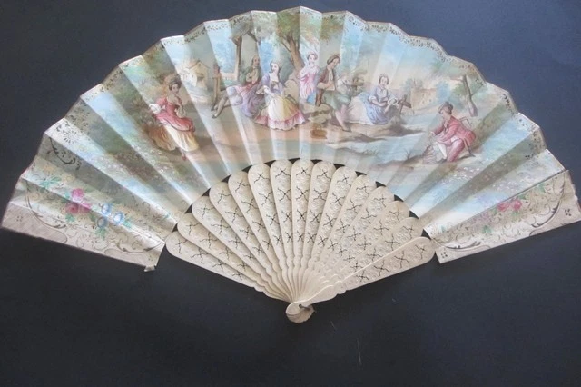 Éventail Antique De Dame Espagnol Du XIXe Siècle - Monture En Nacre Taillée, Papier Lithographié Peint, état D'objet D'art (avec Cassures)