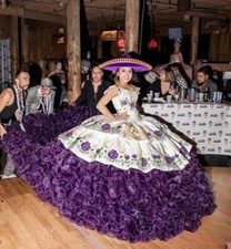 White Purple Mexicao Quinceanera Dresses Luxury Ruffles Chapel Train Flower