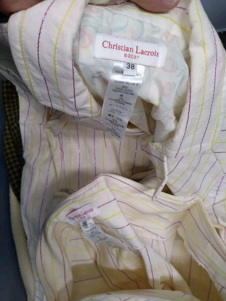 Christian Lacroix Bazar PARIS Cotton Blazer & Skirt Set Womens Size 36 White Pin - Image 3 of 4