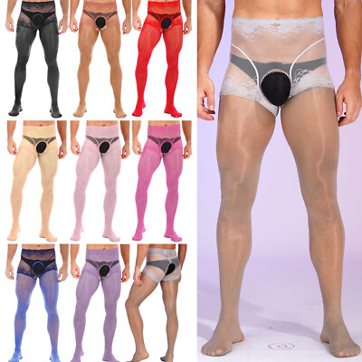 Mens Pantyhose Lace Open Crotch Pantyhose Glossy Mens Stockings Lingerie