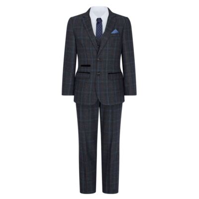 Paul Andrew Harvey Boys Navy 3 Piece Tweed Suit Herringbone