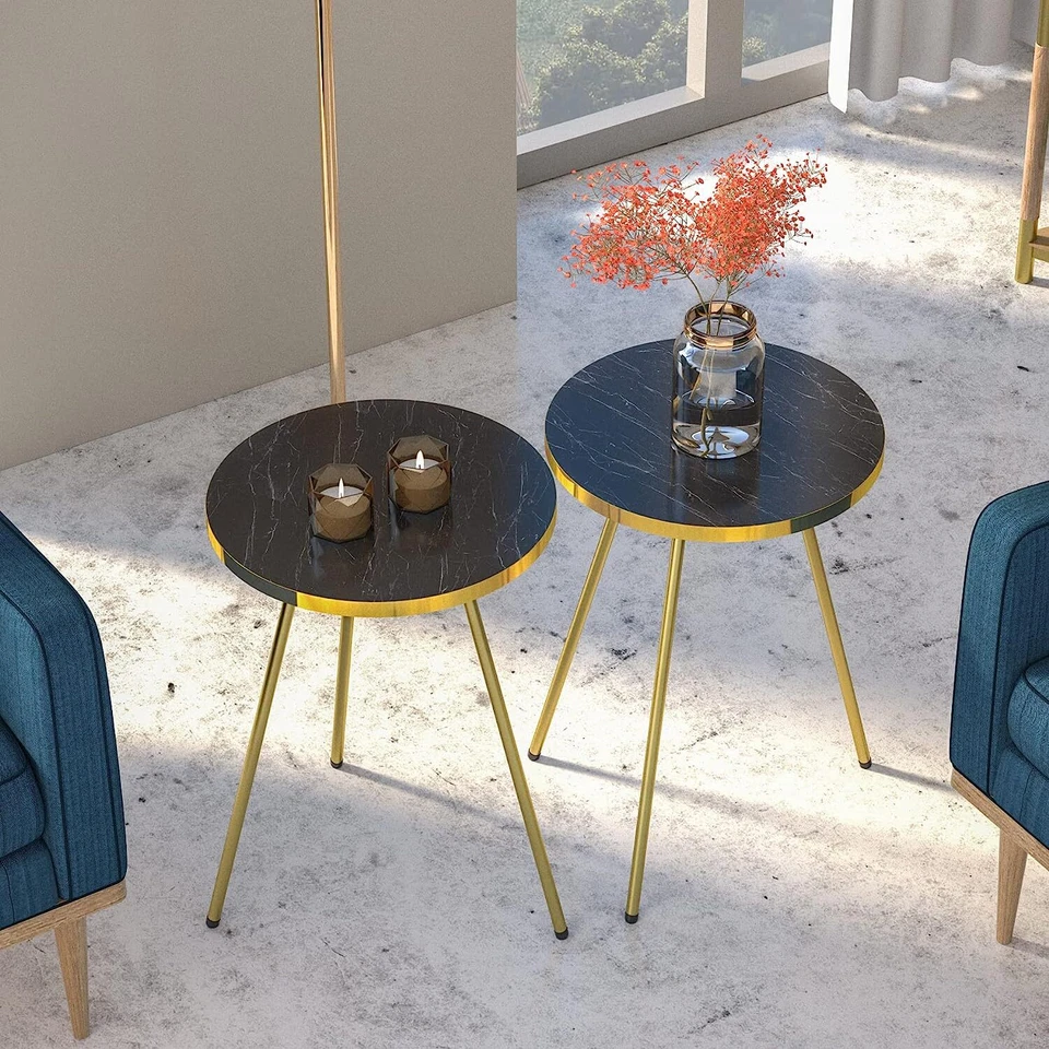 Set of 2 END Tables Marble Look Wood Round Sofa Side Table for Small Spaces - Image 3 of 4