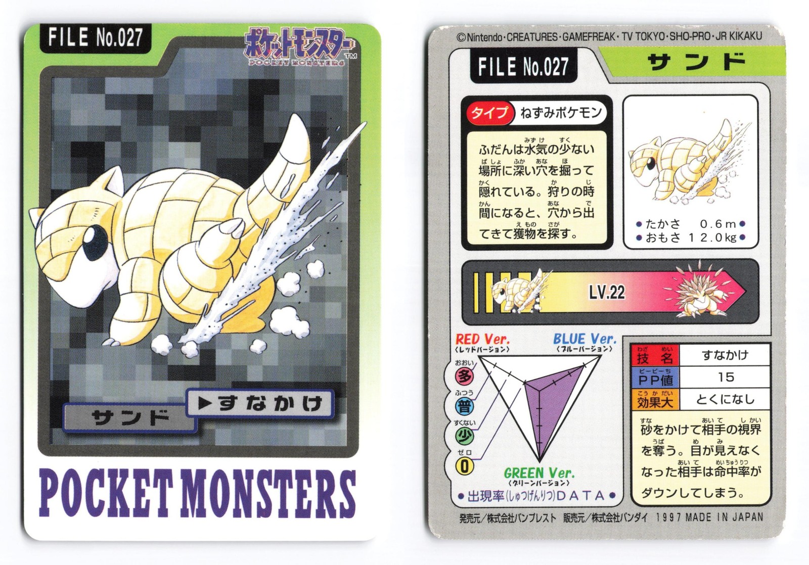 Sandshrew NO. 027 Bandai Carddass Series 3-4 1997 Japanese Pokemon TCG HP