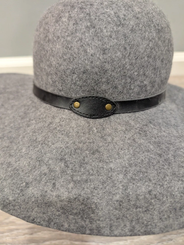 D&Y Women's Gray 100% Wool Floppy Wide Brimmed Hat w/Faux Leather Black Trim OS - Image 2 of 4