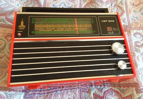 Radio receiver "VEF-202" Olympics 1980. Red with black. USSR. Works.