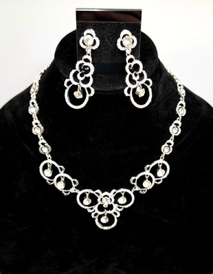 VTG Bridal statement Necklace Earring(post) set Silver tone with clear Gems