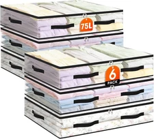 6 Pack Under Bed Storage Bags, 75L Foldable Clear Storage Containers with Handle