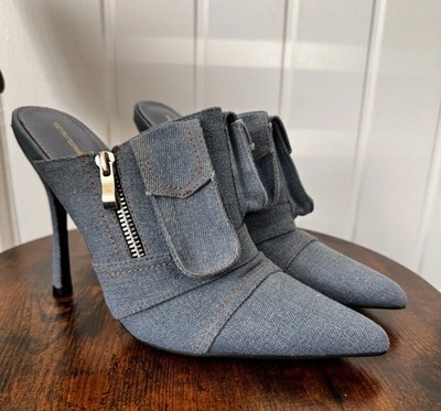 PrettyLittleThing Denim Tasche Pantoletten Pumps spitz zulaufend Stilettoabsatz Größe 6 -