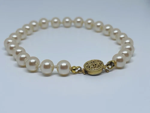 OFF WHITE Bracciale vintage anni 60 perle vetro avorio annodato a mano tono oro chiusura floreale