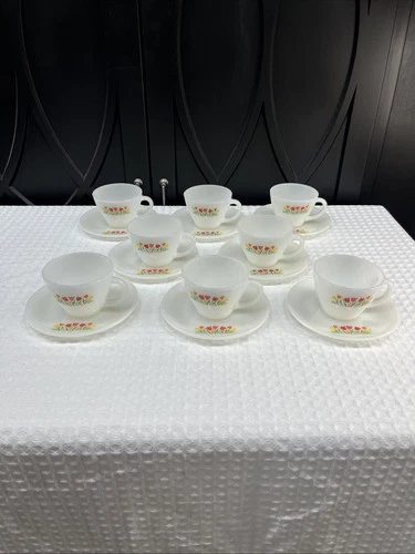 VTG Fire King Milk Glass Tulip Flower Floral Cup And Saucer 8 Sets