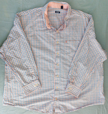 IZOD NEMS SHIRT. QUALITY GARMENT. BLUE/ORANGE CHECK. SIZE 4XL. A176