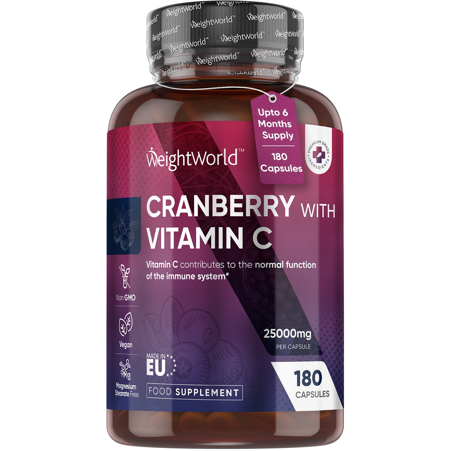 Cranberry with Vitamin C - 180Capsules - 50,000mg - Immune support & bone health