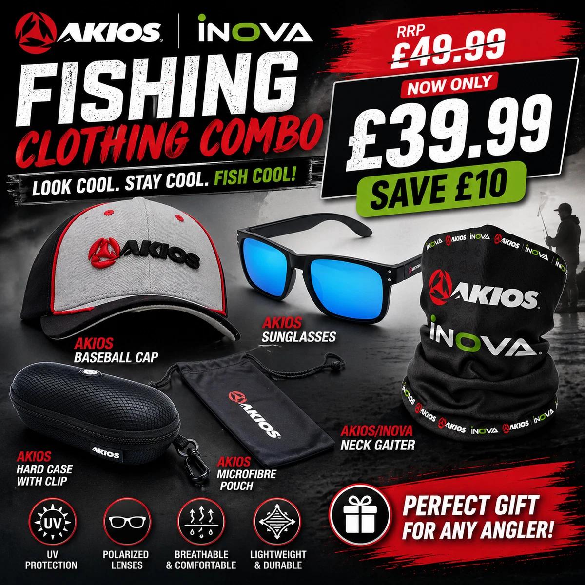 Juego de ropa de pesca AKIOS INOVA PVP £49.99 AHORA £39.99 AHORRA £10