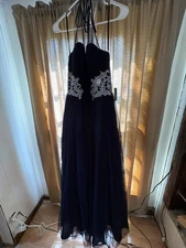 DJ-Ajax Navy Blue and Silver Prom Dress with Rhinestone Accents  Size 13