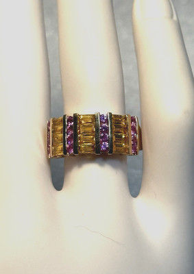 Breiter Ring Band rosa und gelber Laborgefertigter Saphir 14 Karat Gelbgold
