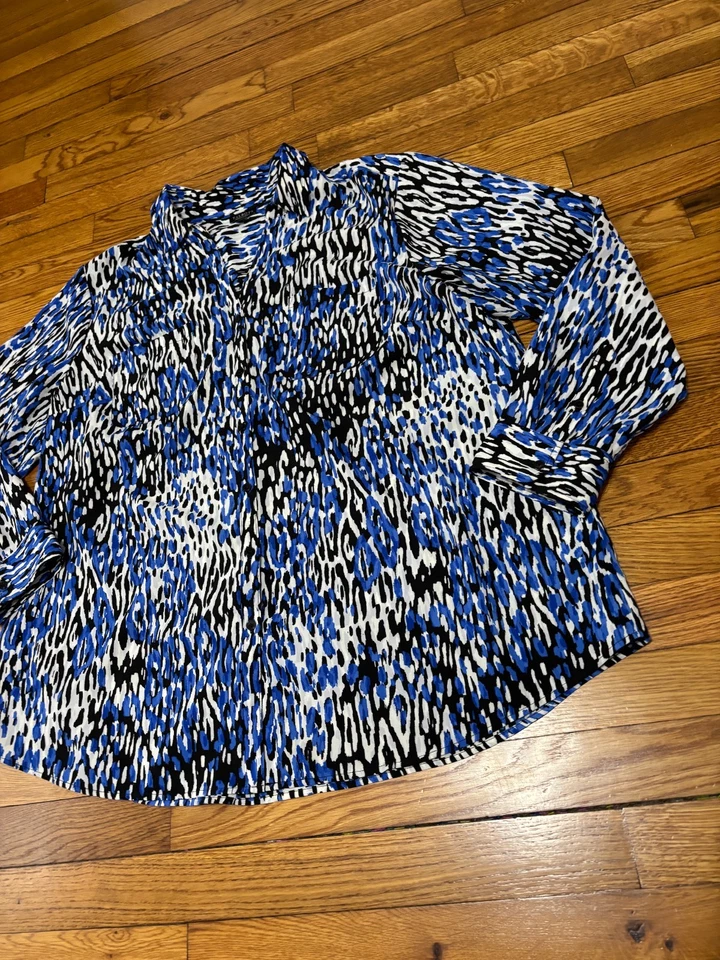 Talbots Womens Nantucket Button Down Shirt Long Sleeve Blue Plus 2X Animal Print - Image 3 of 4