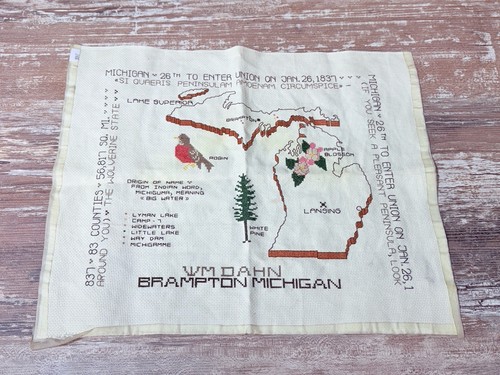 Rare Vintage Brampton, Michigan Statehood Union Needlepoint Crosstitch Signed ￼