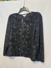 Women Allison Daley Ruffled Knit Zip Jacket Black Silver Abstract Layered Sz PM