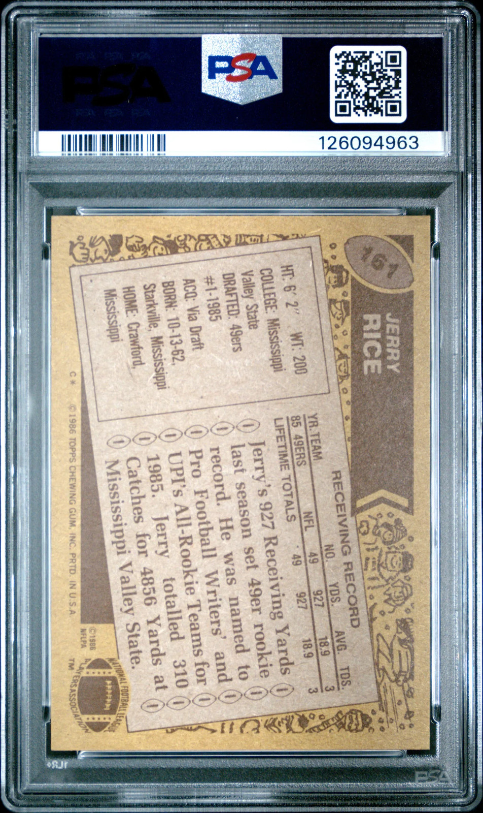 1986 Topps Jerry Rice #161 PSA 7 view 2