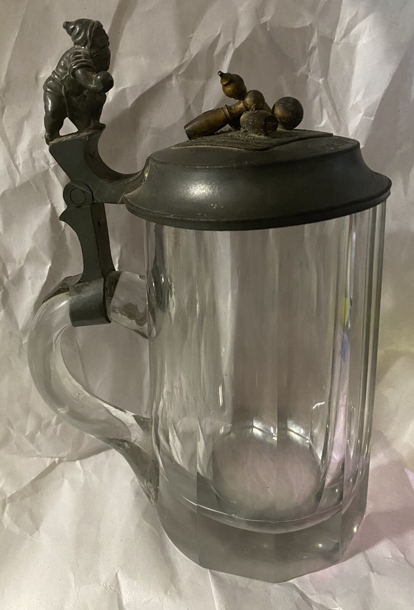 RARE 1910 GERMAN GLASS STEIN WITH PEWTER & BRASS LID MAN BOWLING W
