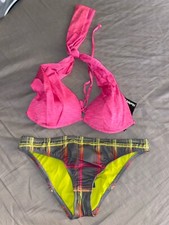 Hurley 2 Piece Swimsuit Anyway Halter Bikini Top Hipster Bottom M Plaid B7