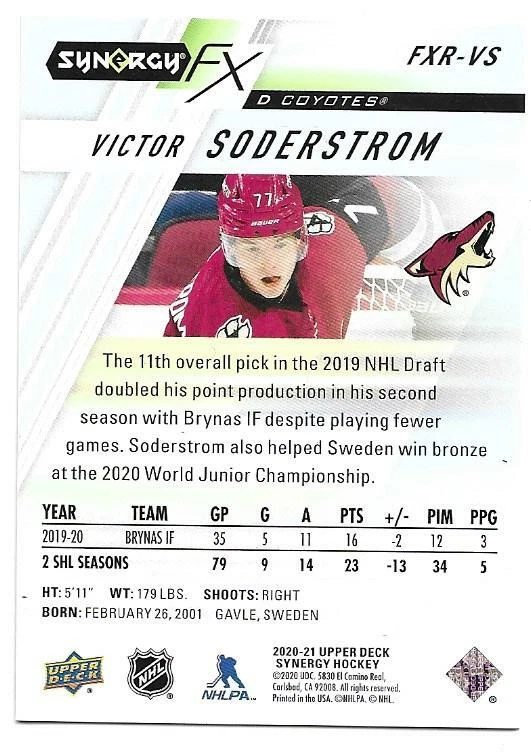 2020-21 Upper Deck Synergy VICTOR SODERSTROM #FXR-VS FX Purple Rookie 170/349 - Image 2 of 2