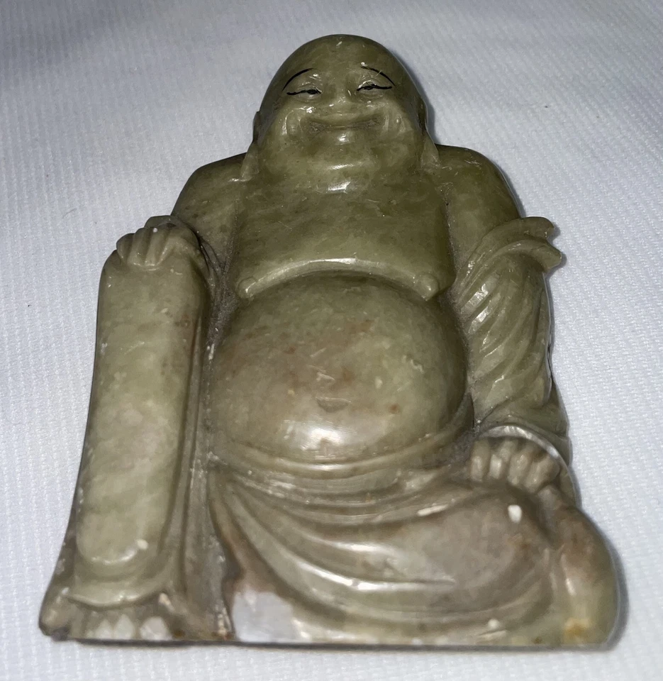 Китайский камень Будда улыбающийся ручной резьбы фигурка бумаги вес 4 x 3 x 1 дюймов Zen - Изображение 3 из 4
