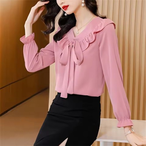 Elegantes Langarmshirt mit Schleife V-Ausschnitt Damen Neu Rüschen Blusen Tops - Bild 5 von 12