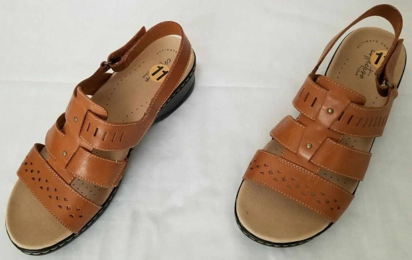 Womens Size 11 XW Tan Collection by Clarks Lexi Qwin Wedge Leather Sandals  5050407783322 | eBay