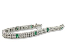 white gold finish Double Row Created Diamond and Green Emerald tennis bracelet