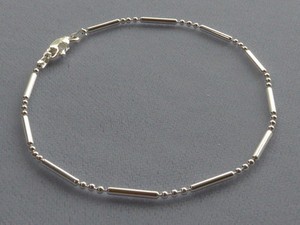11" STERLING SILVER ANKLE BRACELET- BAR + 3 ROUND BEADS - ITALY 925