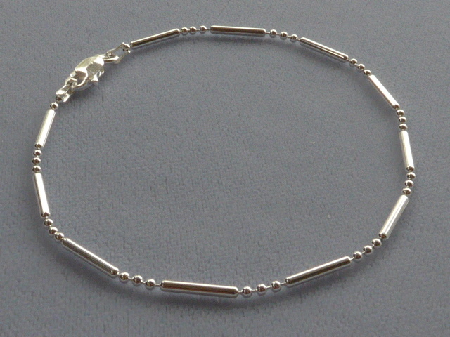 11" STERLING SILVER ANKLE BRACELET- BAR + 3 ROUND BEADS - ITALY 925
