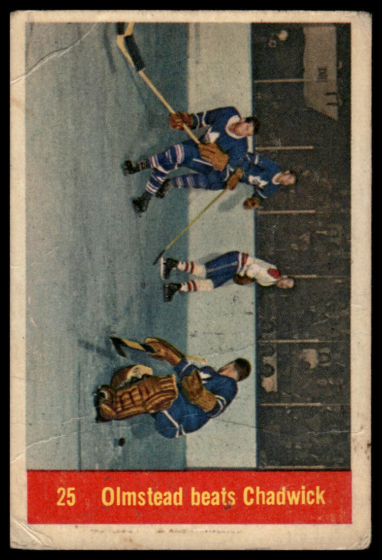 Olmstead Beats Chadwick #25 Hockey Cards 1957 Parkhurst trading card — raw and PSA graded price guide
