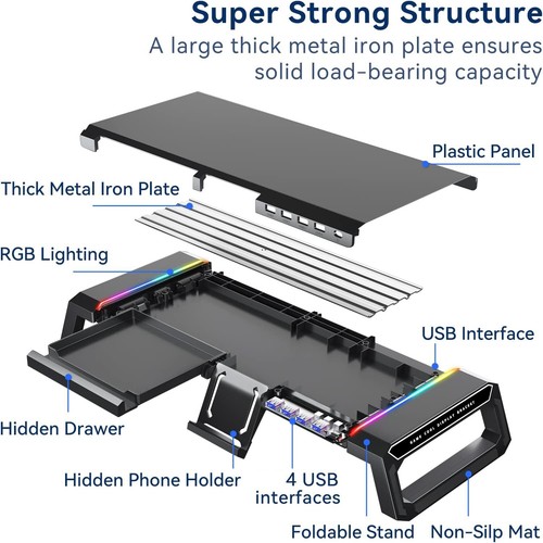 KGYMJR RGB Gaming Computer Monitor Stand with 4 USB Hubs Foldable Laptop - Picture 4 of 8