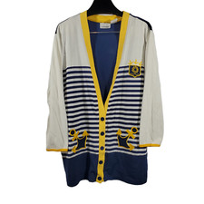 VTG 90s Bonnie Blain Cardigan Jacket Womens 2XL Navy Yellow Stripes Nautical