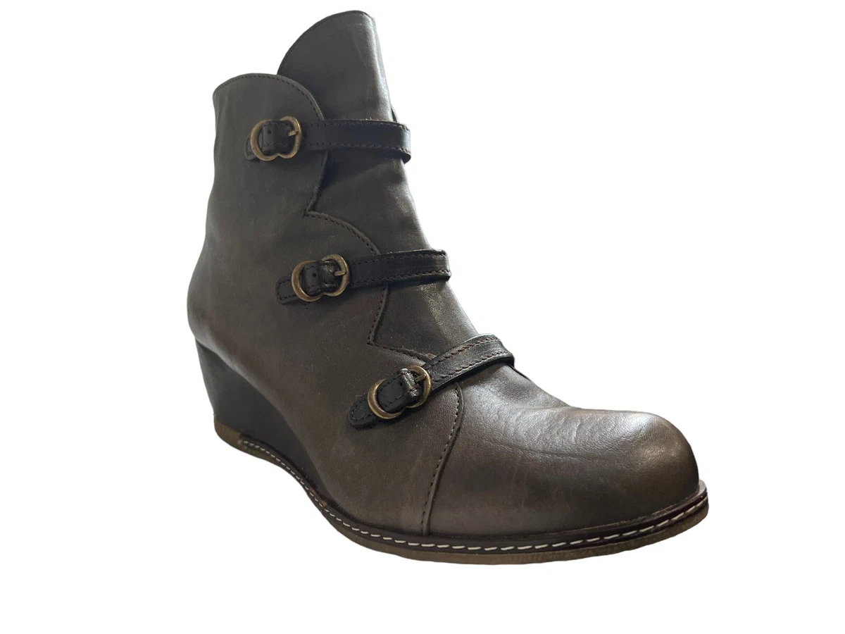 Eric Michael Lena Ankle Boot Gray Brown Leather Buckle Strap Wedge Heel 41 11