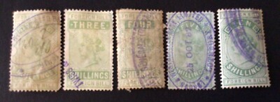 *SPECIAL* GB QV Revenue FOREIGN BILL Stamps x 2,3,4,5,10/-d 5pcs