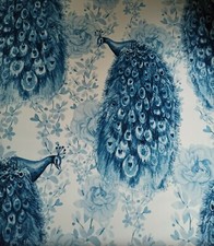 Printed Velour Velvet Upholstery Fabric 250g/m2 Peacocks on White HALF METER 