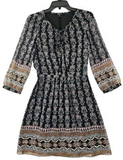 Madewell ~Size 0~Black Damask Print Allover Cinched Waist Mini Dress Long Sleeve