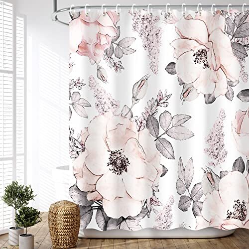 Pink Gray Flower Shower Curtain, Watercolor Floral Shower 72Wx84H A-white - Bild 3 von 7
