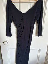 Jaeger Navy Midi Dress V-Neck 3/4 Sleeve Ruched Lyocell/Cotton UK 8