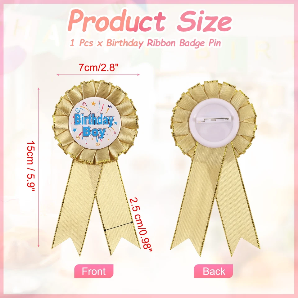 Birthday Boy Button Pin, 5.9"x2.8" Tinplate Ribbon Badge Pin, Champagne Gold Foto 2 de 4