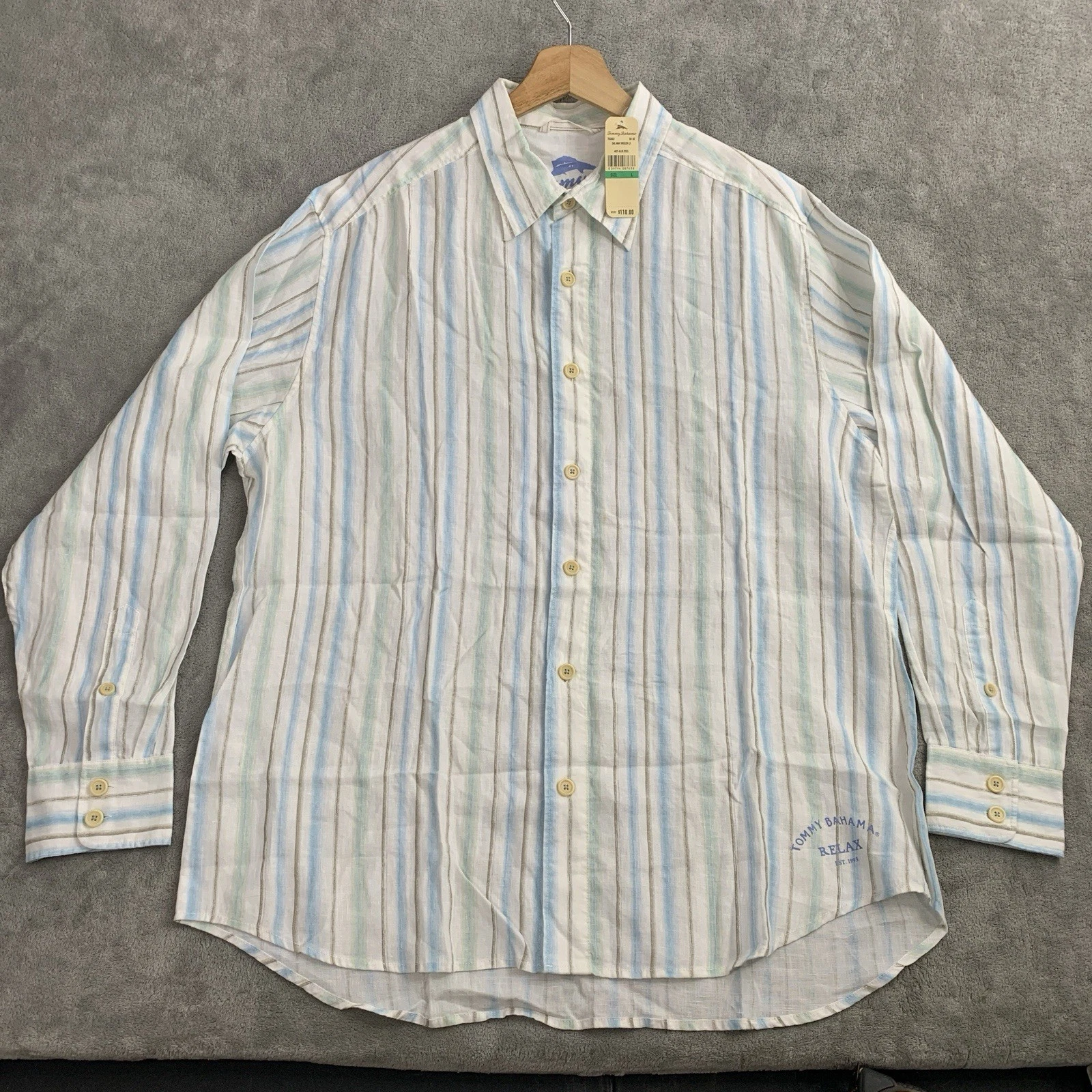 Tommy Bahama Shirt Mens Large Linen Sail Away Breezer Long Sleeve Blue Steel