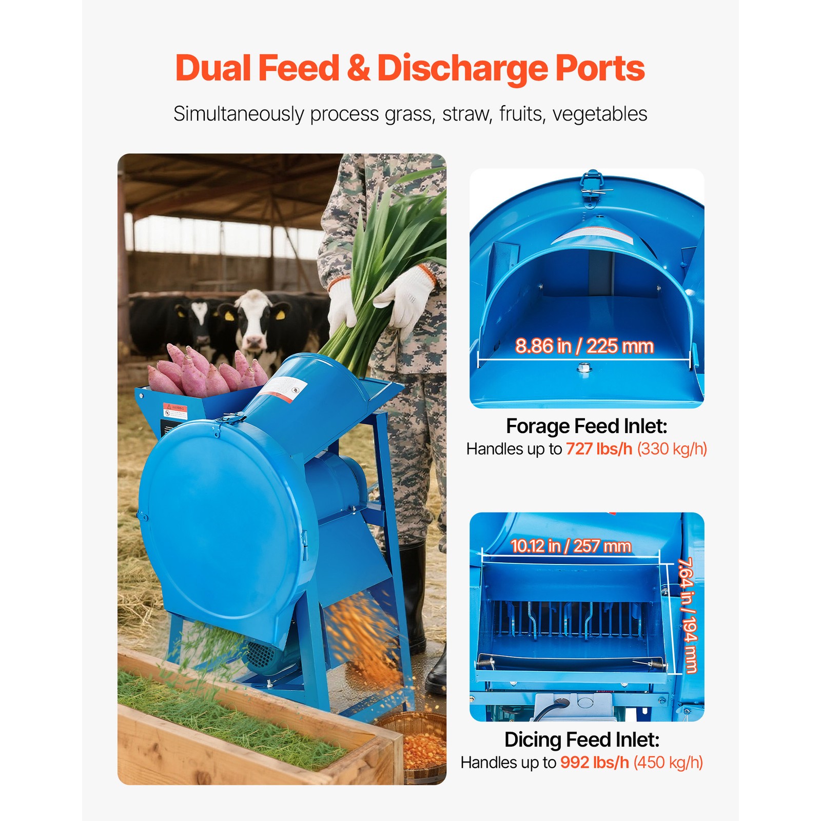 Uimoso Electric Hay Cutter 2.2KW 220V Dual Feed Port for Corn & Straw, 1719lbs/h