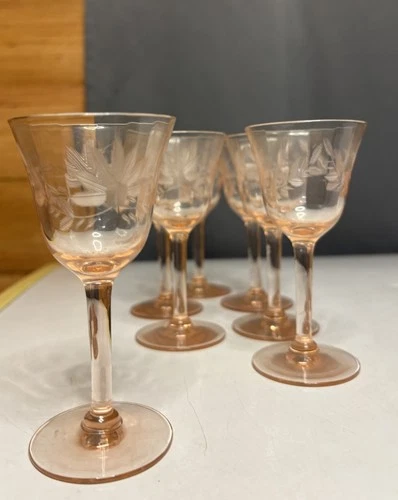 Vintage Pink Depression Glass Cordial Glasses Floral Patter Lot Of 7