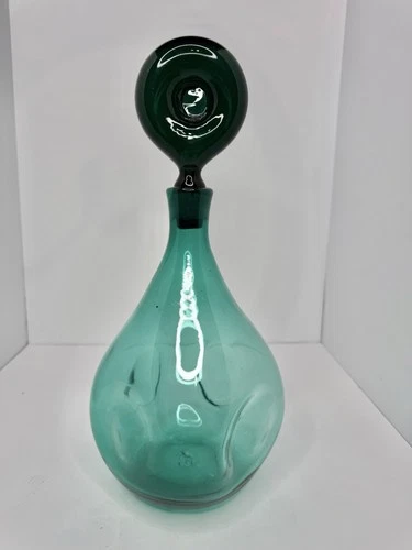 HTF Vintage MCM Blenko Glass 5932 Doughnut Decanter In Nile W/stopper 1yr Only